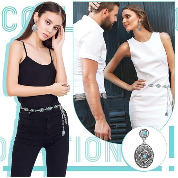 4 Pcs Turquoise Chain Belt Concho Post Earrings Set Metal Waist Belts 2 Pairs main image 6